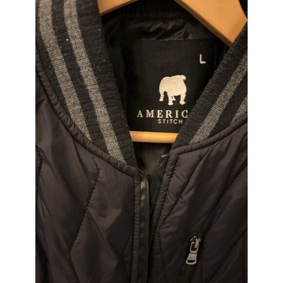 Mens America Stitch Black Varsity Jacket Coat Puffer Black/Gray Striped Size L - Picture 3 of 11
